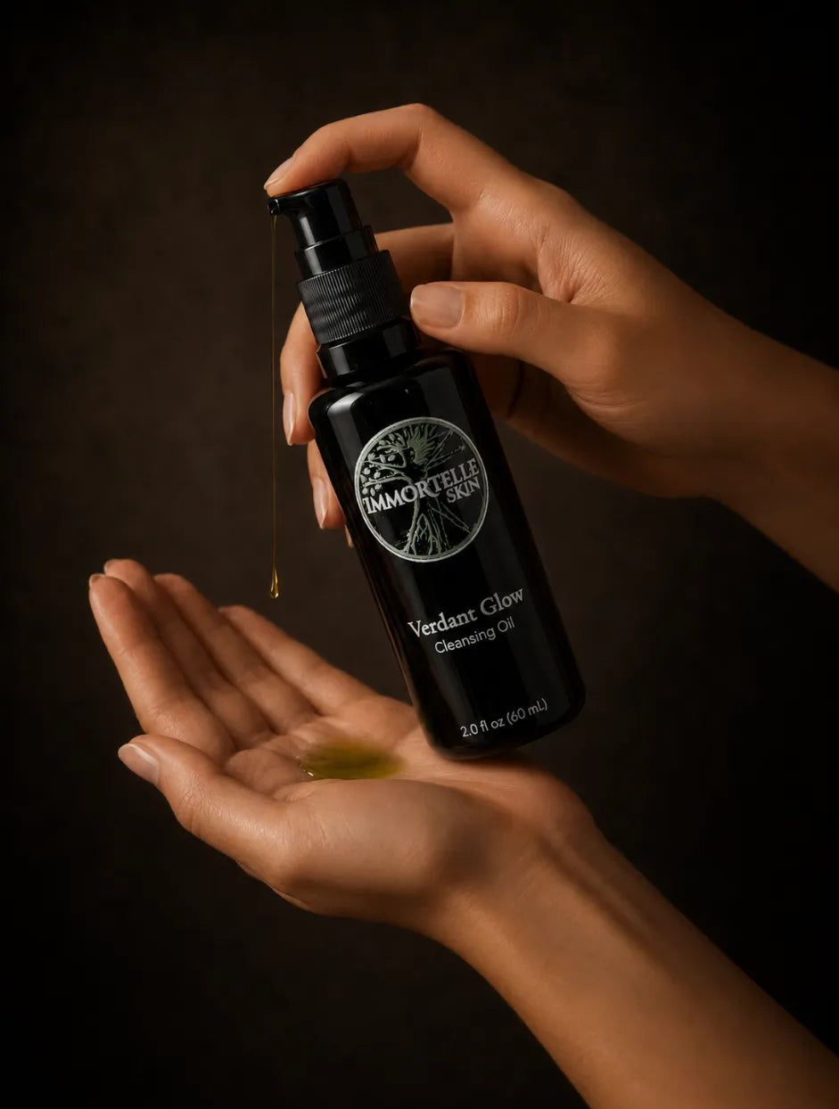 Immortelle Skin Verdant Glow Botanical Balancing Cleansing Oil Violet Glass Pump Bottle
