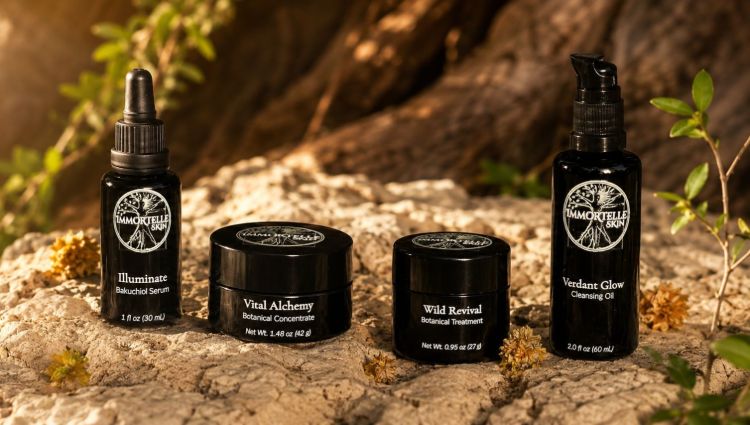 Immortelle Skin Botanical Skincare Illuminate, Vital Alchemy, Wild Revival and Verdant Glow arranged on a natural stone surface with a warm, sunlit outdoor background. 