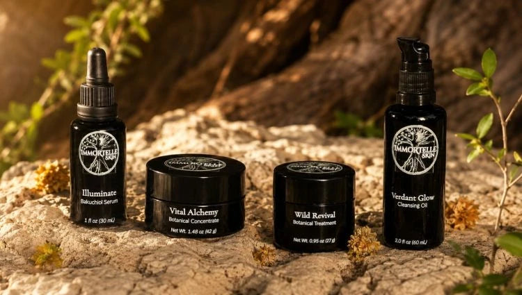 Immortelle Skin Botanical Skincare Illuminate, Vital Alchemy, Wild Revival and Verdant Glow arranged on a natural stone surface with a warm, sunlit outdoor background. 