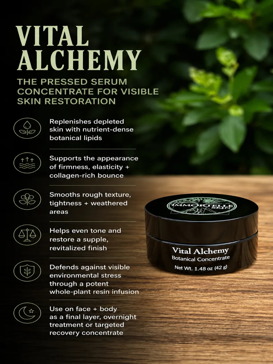 Vital Alchemy Botanical Concentrate. Restorative pressed serum. Helichrysum, Frankincense, Sea buckthorn Berry, Horsetail, Gotu Kola, Calendula. Immortelle Skin Botanical Skincare. Violet Glass. 