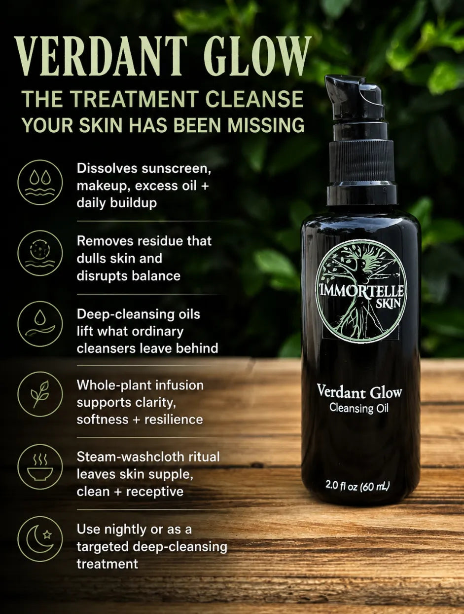 Violet Glass pump bottle Verdant Glow Cleansing Oil with product details on a wooden surface. Immortelle Skin Botanical Skincare. Whole plant infusion elderflower, plantain leaf, burdock root.